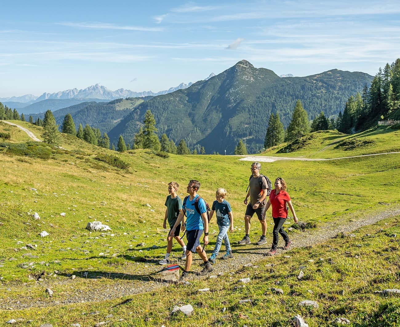 A group of people hiking on a scenic, grassy mountain trail with distant peaks