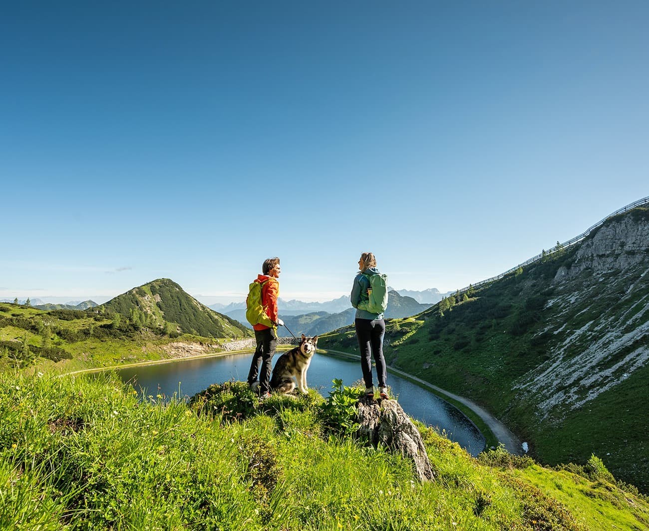Two hikers and a dog overlook a tranquil mountain lake under a clear blue sky